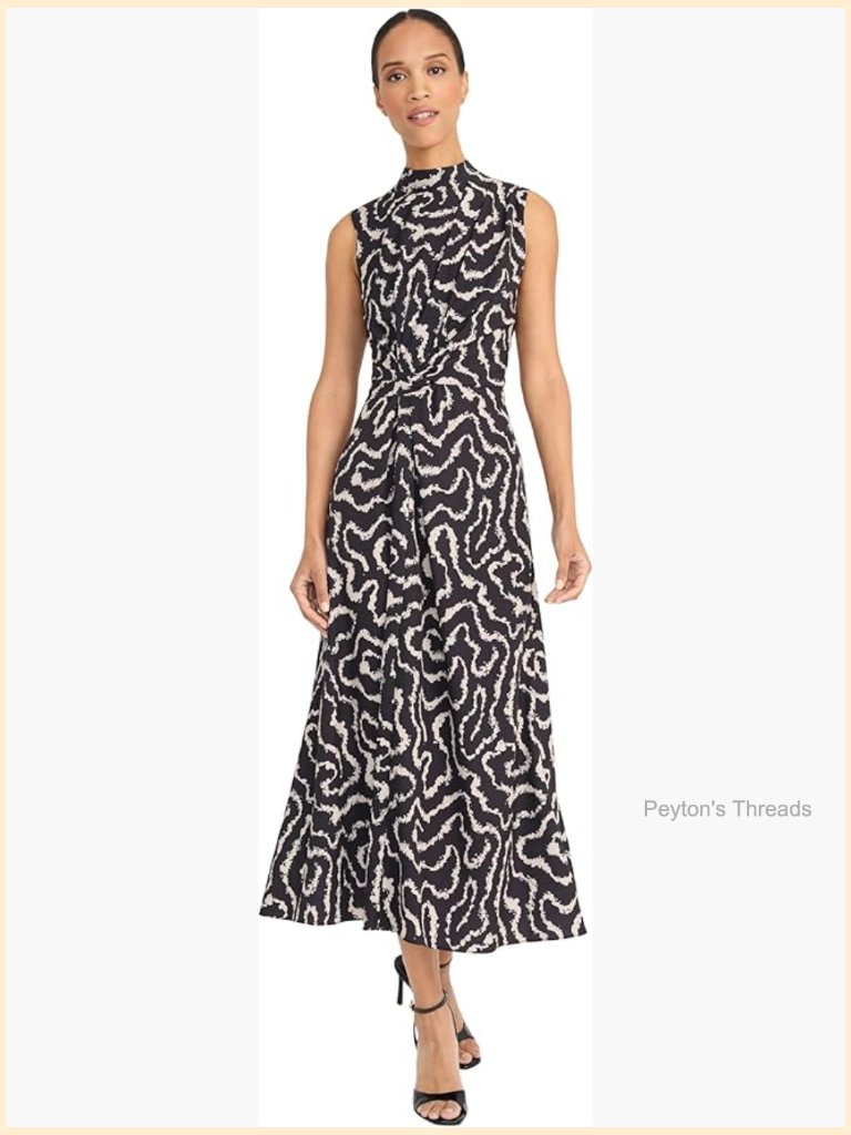Sleeveless Mock Neck Midi Dress With Tie Belt Waist A-Line Silhouette